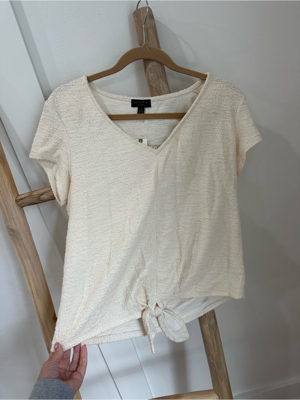 Anthropologie Cream Textured Tie-Front V-Neck Crop Top